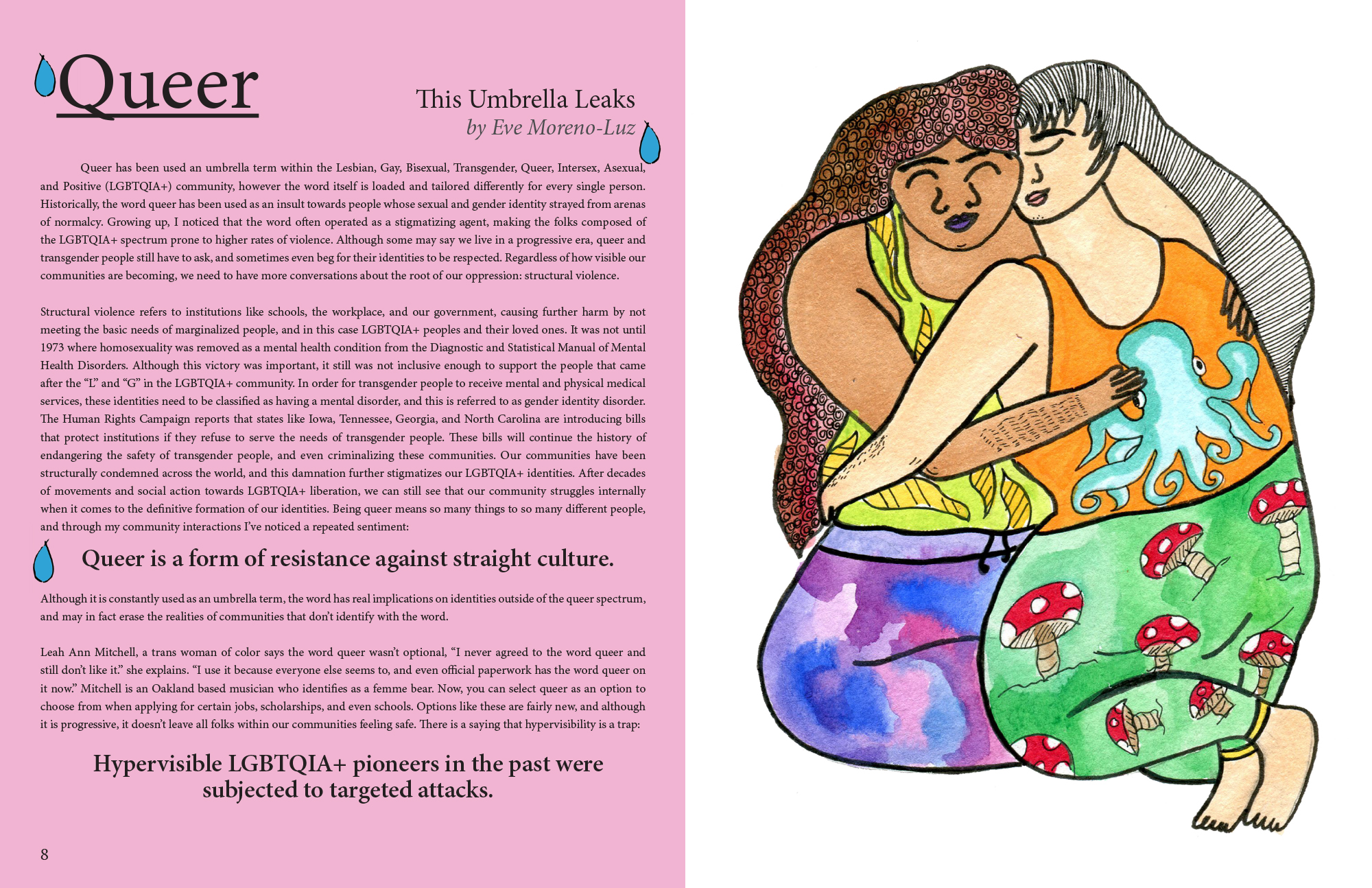 NoRM article "Queer: This Umbrella Leaks" by Eve Xelestiál Moreno-Luz, and the page is designed by me, Bryan Ortega, with drawing "This Love is Home" by Whitney Kitty