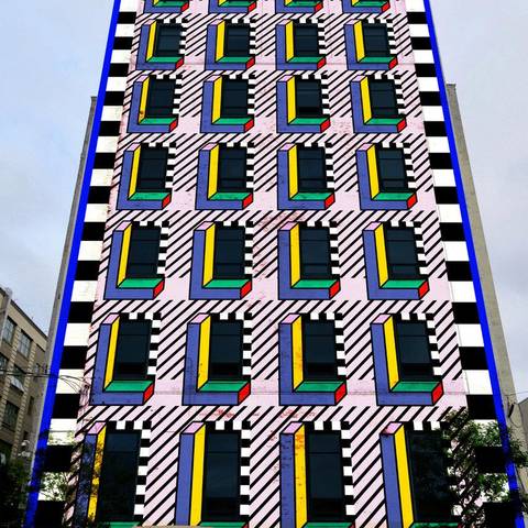 /A rendering of Camille Walala’s new building-wrapping mural for WantedDesign Brooklyn. Credit: WantedDesign