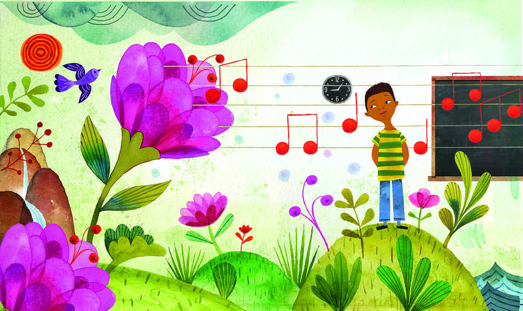 illustration of a boy with nature and music notes in the background