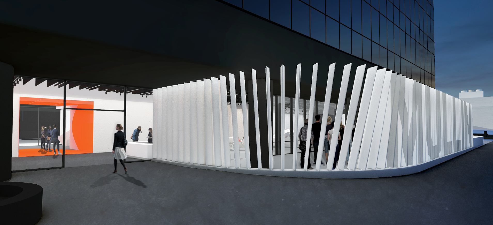 Photo of fin wall of Mullin Gallery at ArtCenter.