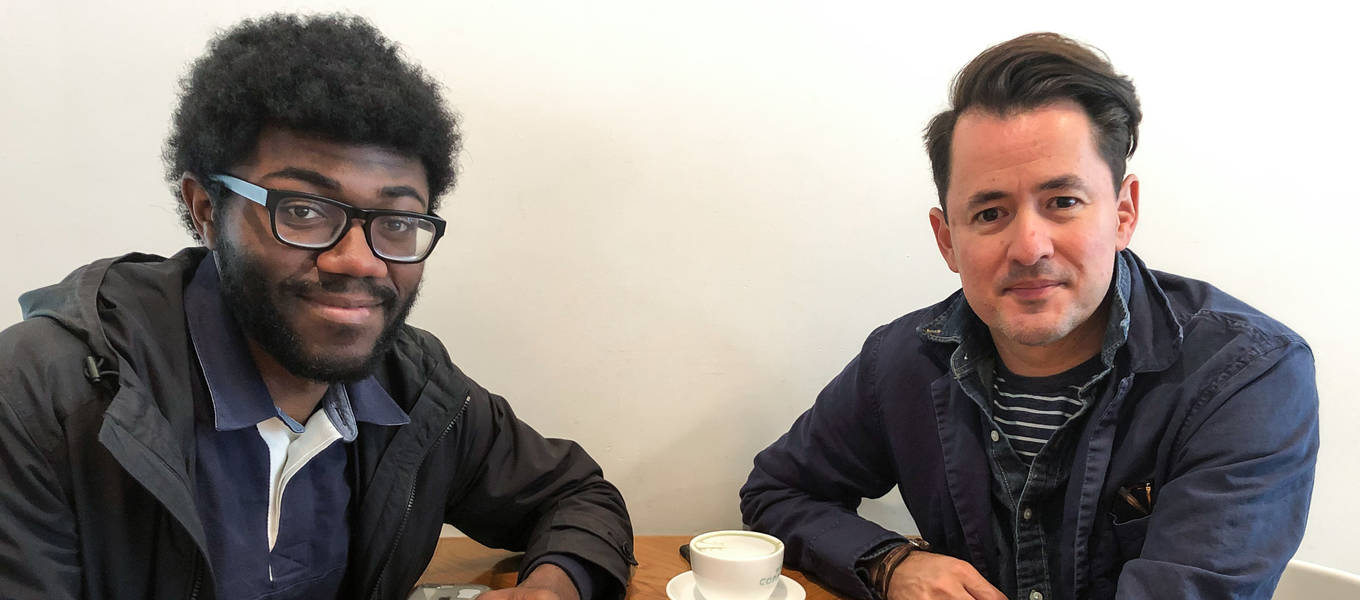 ArtCenter Film student Joel Aaron and his mentor Brandon Martinez at coffeehouse Copa Vida in Pasadena, California