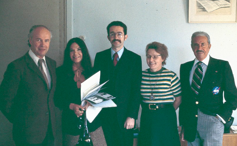 Charles Mauro (center) pictured with theYuri Soloviev (far left), director of Soviet design research institute All-Union Scientific Research Institute of Industrial Design (VNITTE); American designer Raymond Loewy (far right); Loewy