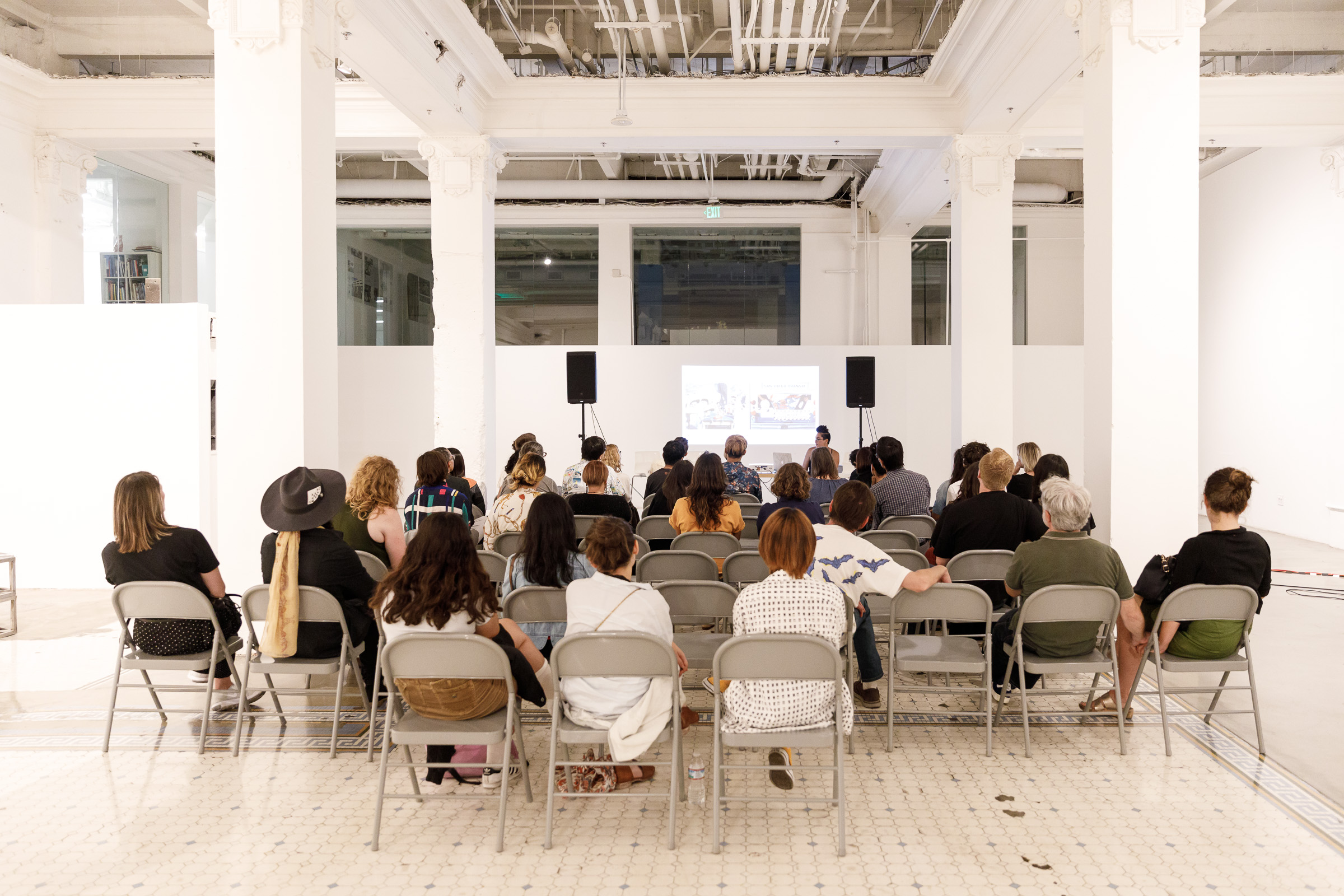 A photo of an ArtCenter Dialogues lecture and discussion with Tanya Aguiñiga at ArtCenter DTLA. Photo by Juan Posada.