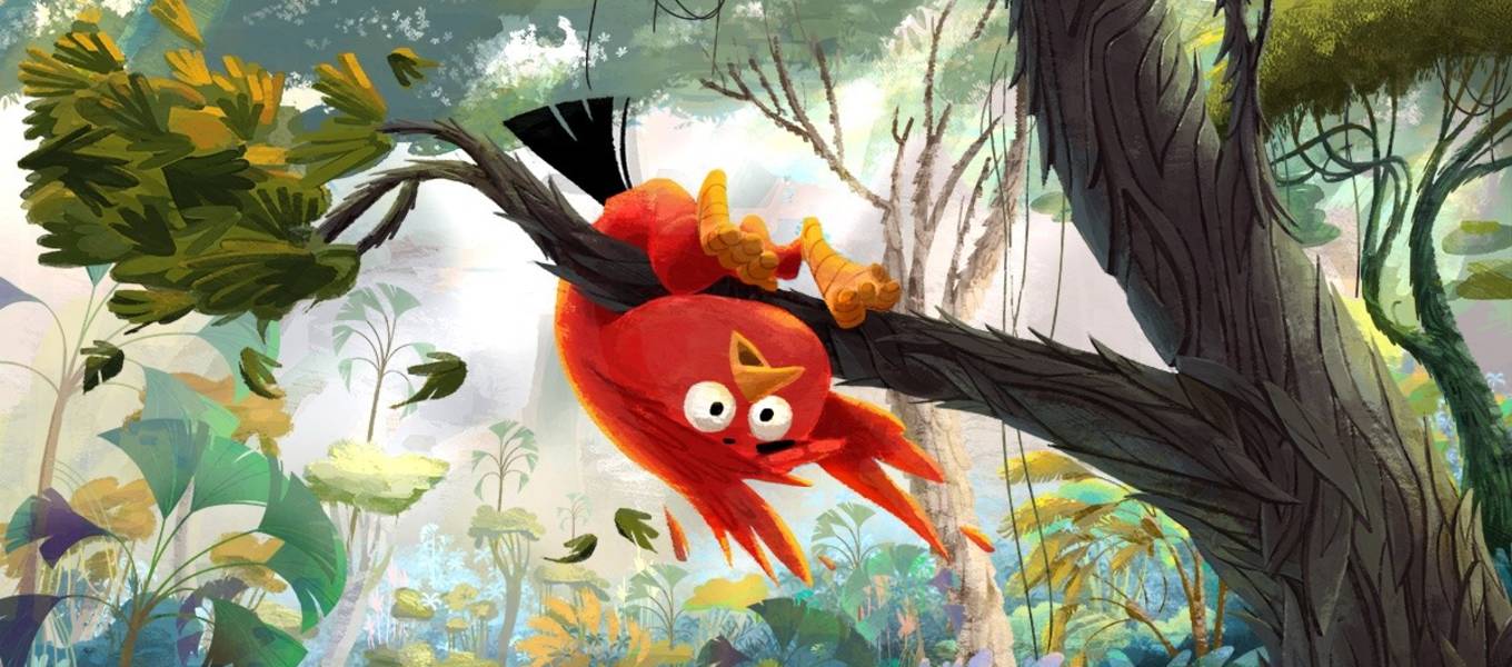 illustration of an orange bird swinging on a tree branch