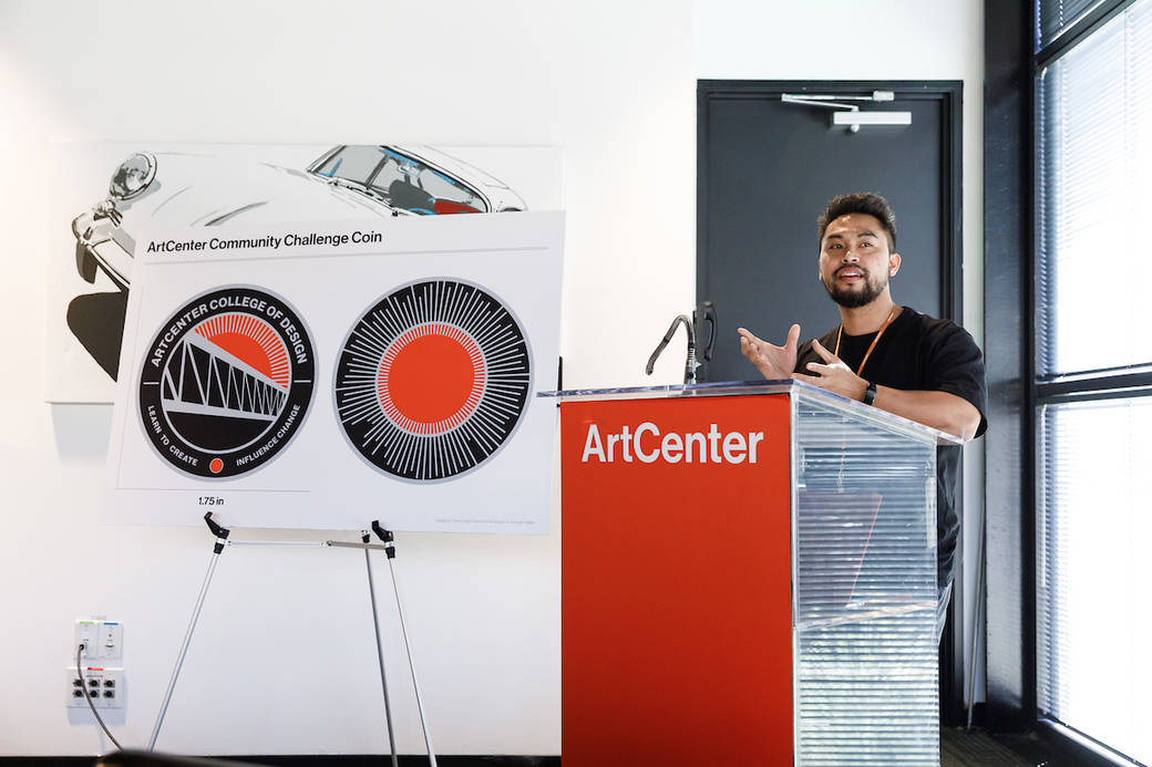 Graduate Industrial Design student and U.S. Navy veteran Brandon Comer speaking at the Fall 2019 ArtCenter Military and Veteran Community Luncheon