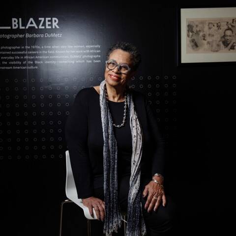 Commercial photographer Barbara DuMetz graduated from ArtCenter in 1973. She poses for a portrait at the school’s exhibition celebrating the 300 black alumni in its 90-year history. 