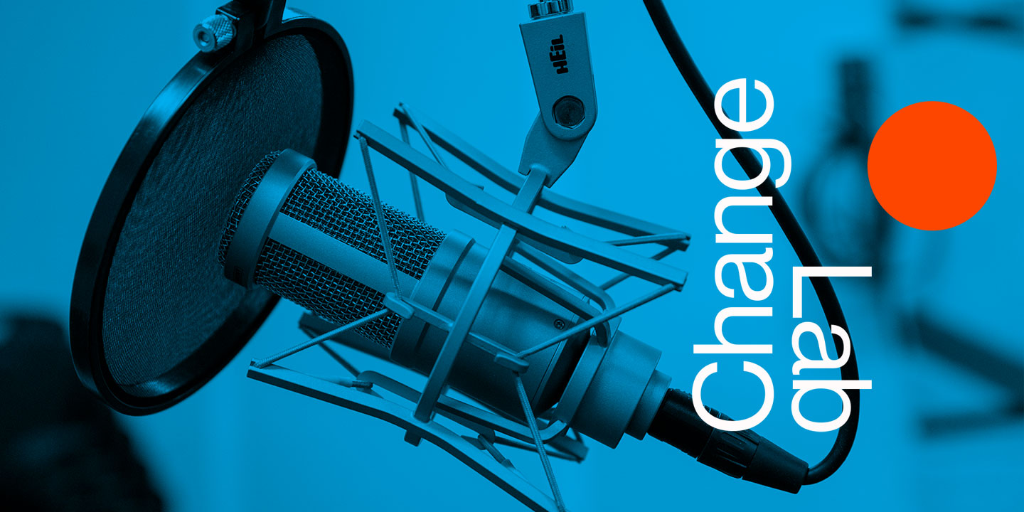 Photo of the Change Lab logo over an image of the mic with a blue filter.