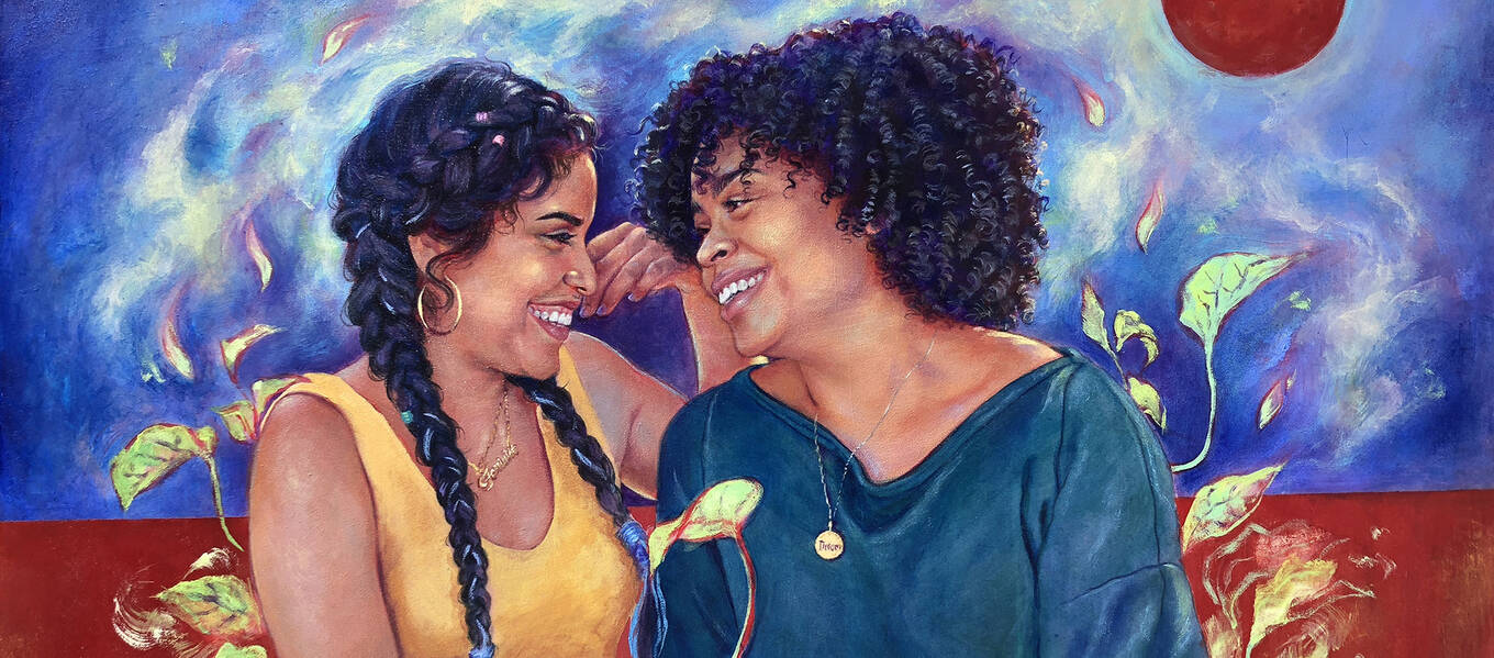 Detail of painting Ana and Yessika by Illustration student Emilia Cruz, 2019, for Netflix series Gentefied.