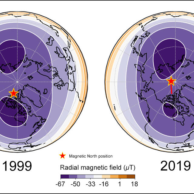 Unlike+our+geographic+north+pole%2C+which+is+in+a+fixed+location%2C+magnetic+north+wanders.+This+has+been+known+since+it+was+first+measured+in+1831+and+subsequently+mapped+drifting+slowly+from+the+Canadian+Arctic+toward+Siberia.+Since+the+1990s%2C+however%2C+this+drift+has+gone+from+its+historic+wandering+of+0+to+15+kilometers+%289+miles%29+a+year+to+its+present+speed+of+50+to+60+kilometers+%2837+miles%29+a+year.+Satellite+data+shows+that+the+cause+is+competition+between+two+magnetic+blobs+on+the+edge+of+the+Earth%E2%80%99s+outer+core.+1990%E2%80%931999.