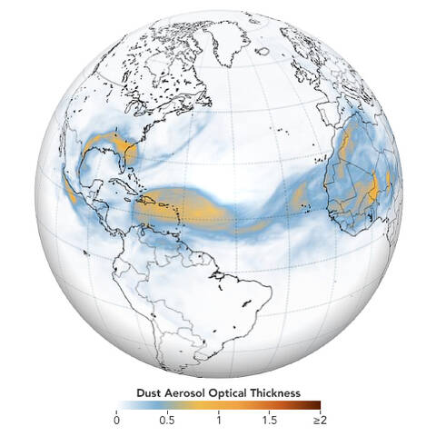 Winds+routinely+drive+clouds+of+Saharan+dust+out+of+West+Africa+and+across+the+Atlantic+Ocean+in+the+summer.+But+the+intensity+and+extent+of+a+plume+that+departed+Africa+in+June+2020+were+so+great+that+some+called+it+the+Godzilla+dust+cloud.+As+dust+blanketed+the+Caribbean+Sea+and+darkened+skies+in+several+states+in+the+southeastern+United+States%2C+meteorologists+described+the+event+as+historic.+Air+quality+plummeted+wherever+the+dust+reached.+Dry%2C+dusty+air+can+inhibit+hurricane+formation%2C+and+dust+can+trigger+phytoplankton+blooms+in+the+ocean+and+even+fertilize+the+Amazon+rain+forest.