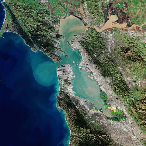 San+Francisco+Bay%2C+almost+100+kilometers+%2860+miles%29+long%2C+is+surrounded+by+the+San+Francisco+Bay+Area%2C+the+extensive+metropolitan+region+dominated+by+large+cities+such+as+San+Francisco%2C+Oakland%2C+and+San+Jose.+In+the+upper+right+the+delta+of+the+Sacramento+and+San+Joaquin+Rivers+is+visible%2C+with+the+brown%2C+sediment-filled+water+eventually+flowing+down+into+the+Pacific+Ocean+via+the+Golden+Gate+Strait.+A+large+sediment+plume+can+be+seen+traveling+westward+into+the+ocean+on+the+left.+Near+the+lower+center+you+can+see+the+black+line+that+marks+the+San+Andreas+fault%2C+which+produced+powerful+earthquakes+in+San+Francisco+in+1906+and+1989.+January+25%2C+2019.