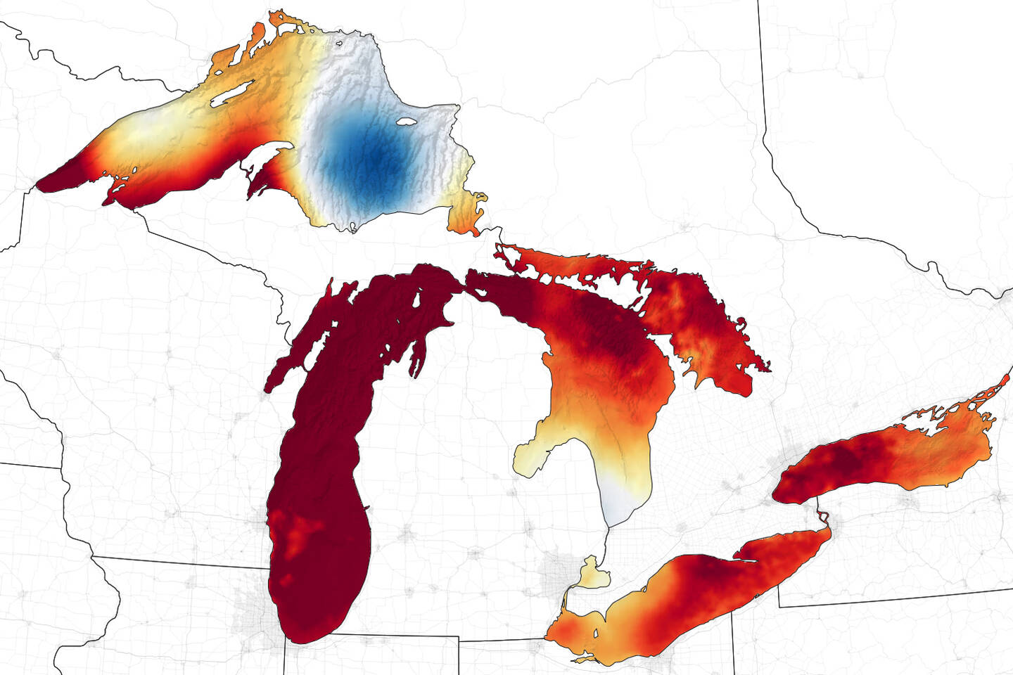 After+an+unusually+warm+winter+left+the+Great+Lakes+mostly+free+of+winter+ice%2C+the+surface+temperatures+of+the+lakes+were+near+or+above+records+for+late+June+and+early+July.+The+map+shows+how+much+the+water+surface+temperature+was+above+or+below+average.+Surface+temperatures+are+3%C2%B0C+to+5%C2%B0C+%286%C2%B0F+to+10%C2%B0F%29+above+normal.+On+July+10%E2%80%9312%2C+the+shallower+coastal+areas+of+Lakes+Michigan%2C+Huron%2C+Erie%2C+and+Ontario+ranged+from+24%C2%B0C+to+29%C2%B0C+%2875%C2%B0F+to+85%C2%B0F%29.+The+only+area+below+normal+was+the+eastern+portion+of+Lake+Superior.+July+9%2C+2020.