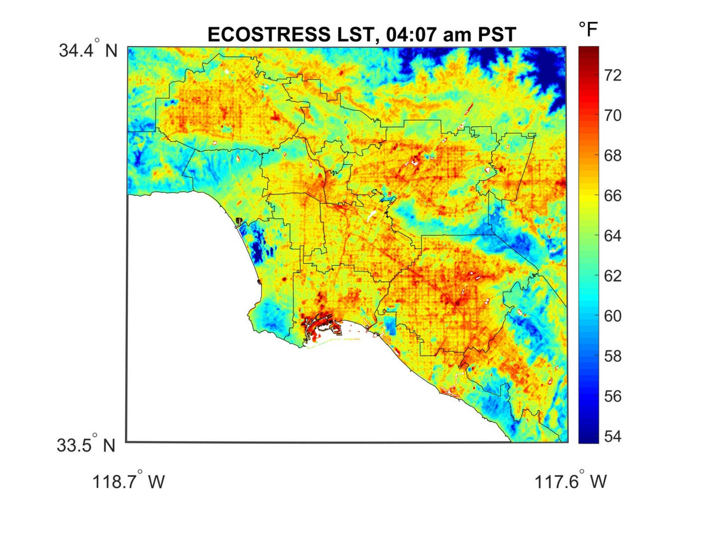 NASA%E2%80%99s+ECOsystem+Spaceborne+Thermal+Radiometer+Experiment+on+Space+Station+%28ECOSTRESS%29+captured+new+imagery+of+surface+temperature+in+Los+Angeles+County.+ECOSTRESS+measures+surface+temperature+rather+than+the+air+temperature+reported+by+weather+stations.+The+image+was+acquired+during+an+extended+period+of+high+temperatures+in+the+Los+Angeles+area.+Cooler+temperatures+appear+in+blue%3B+warmer+temperatures+in+red.+In+the+image+taken+on+July+22+at+4%3A07+a.m.%2C+the+hottest+%28reddest%29+areas+are+dark+asphalt+surfaces+that+are+unshaded+in+daytime+and+remain+warm+through+the+night%2C+such+as+freeways%2C+airports%2C+oil+refineries%2C+and+parking+lots.+The+cool+%28blue%29+areas+are+clouds+and+higher-elevation+mountainous+regions+%28dark+blue%29.