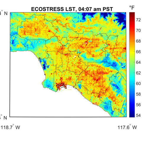 NASA%E2%80%99s+ECOsystem+Spaceborne+Thermal+Radiometer+Experiment+on+Space+Station+%28ECOSTRESS%29+captured+new+imagery+of+surface+temperature+in+Los+Angeles+County.+ECOSTRESS+measures+surface+temperature+rather+than+the+air+temperature+reported+by+weather+stations.+The+image+was+acquired+during+an+extended+period+of+high+temperatures+in+the+Los+Angeles+area.+Cooler+temperatures+appear+in+blue%3B+warmer+temperatures+in+red.+In+the+image+taken+on+July+22+at+4%3A07+a.m.%2C+the+hottest+%28reddest%29+areas+are+dark+asphalt+surfaces+that+are+unshaded+in+daytime+and+remain+warm+through+the+night%2C+such+as+freeways%2C+airports%2C+oil+refineries%2C+and+parking+lots.+The+cool+%28blue%29+areas+are+clouds+and+higher-elevation+mountainous+regions+%28dark+blue%29.