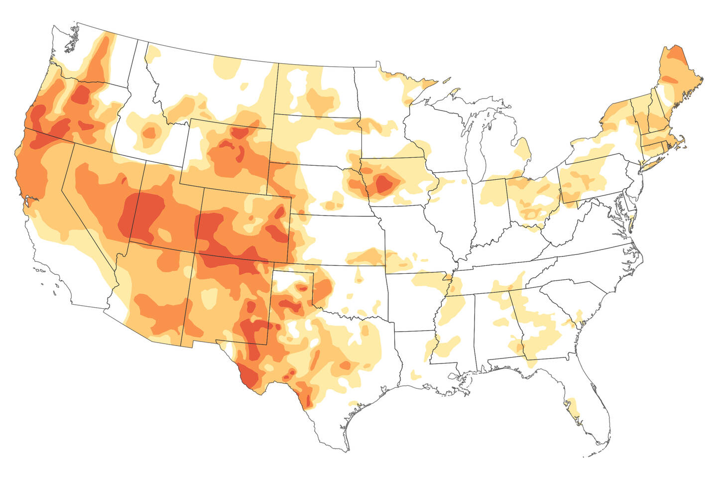 Much+of+the+western+United+States+is+approaching+severe+drought%2C+and+New+England+has+been+unusually+dry+and+hot.+An+estimated+fifty-three+million+people+are+living+in+drought-affected+areas.+The+map+above+shows+conditions+as+of+August+11%2C+2020.+The+map+indicates+drought+intensity+from+orange+to+red.+More+than+93+percent+of+the+land+area+in+Utah%2C+Colorado%2C+Nevada%2C+and+New+Mexico+is+in+some+level+of+drought%3B+69+percent+of+Utah%2C+and+61+percent+of+Colorado.+The+effects+of+%E2%80%9Csevere%E2%80%9D+drought+include+stunted+and+browning+crops%2C+limited+pasture+yields%2C+dust+storms%2C+reduced+well+water%2C+and+an+increase+in+the+number+and+severity+of+wildfires.