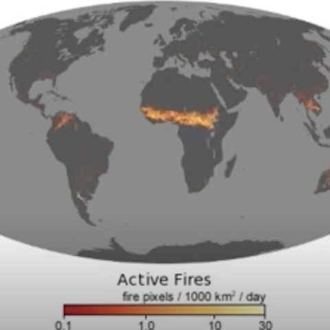 On+Earth+something+is+always+burning.+Wildfires+are+started+by+lightning+or+accidentally+by+people%2C+and+people+use+controlled+fires+to+manage+farmland+and+pasture+and+clear+natural+vegetation+for+farming.+Fires+can+generate+large+amounts+of+smoke+pollution%2C+release+greenhouse+gases%2C+and+degrade+ecosystems.+But+fires+can+also+clear+away+dead+and+dying+underbrush%2C+which+can+help+restore+an+ecosystem+to+good+health.+In+many+ecosystems%2C+plants+have+coevolved+with+fire+and+require+periodic+burning+to+reproduce.+The+fire+maps+in+this+video+show+the+locations+of+actively+burning+fires+monthly.+White+indicates+as+many+as+thirty+fires+in+a+1%2C000-square-kilometer+area+per+day.+Orange+indicates+as+many+as+ten+fires%2C+while+red+areas+indicate+as+few+as+one+fire+per+day.+2000%E2%80%932020.+