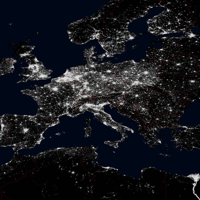 This+animation+is+made+up+of+two+images+of+Europe+at+night+showing+lights+from+sources+in+cities+and+along+roads+in+1992+and+2010.+Light+pollution+has+increased+greatly+over+the+period+and+correlates+with+high+population+density%2C+particularly+in+cities+such+as+London%2C+Paris%2C+and+Rome.+Coastal+areas+are+also+more+populated+than+inland+regions%2C+making+the+outline+of+Europe+clearly+visible.+