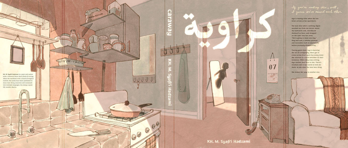 A+dust+jacket+illustration+for+a+book+about+two+people+trying+to+meet+each+other+again+across+worlds.