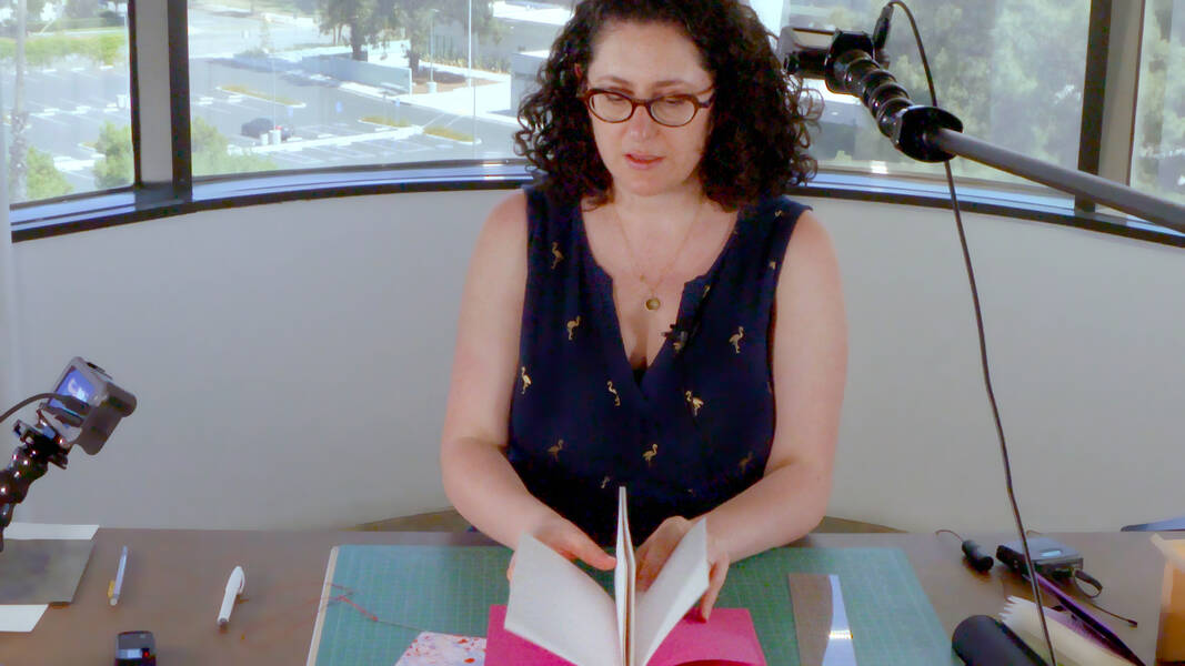 Integrated+Studies+Associate+Professor+Michelle+Constantine+doing+a+bookbinding+demo+using+Studio+in+a+Box%2C+at+ArtCenter%27s+1111+building.