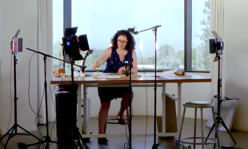 Integrated+Studies+Associate+Professor+Michelle+Constantine+doing+a+bookbinding+demo+using+Studio+in+a+Box%2C+at+ArtCenter%27s+1111+building.