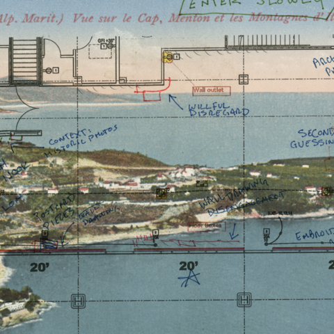 postcard with floorplan projected over a penninsula