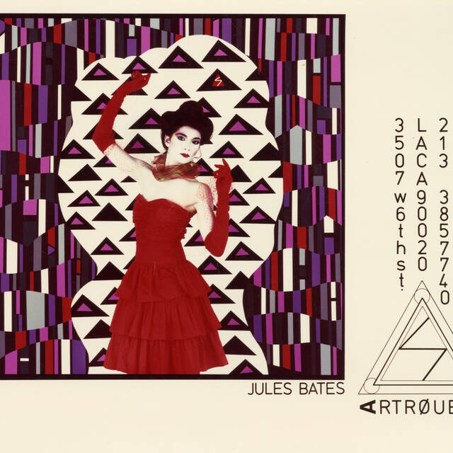 Artrouble promotional postcard. Image contains woman wearing red dress and red gloves.