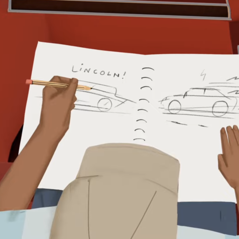 Illustration of a man sketching cars from over head