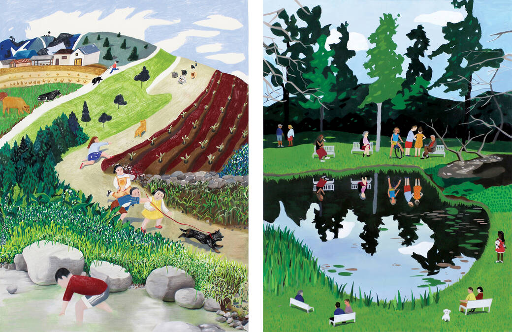 Left: "Kids and Their Dogs," 2018. Right: "By the Pond," 2019. By Joanne Kim.