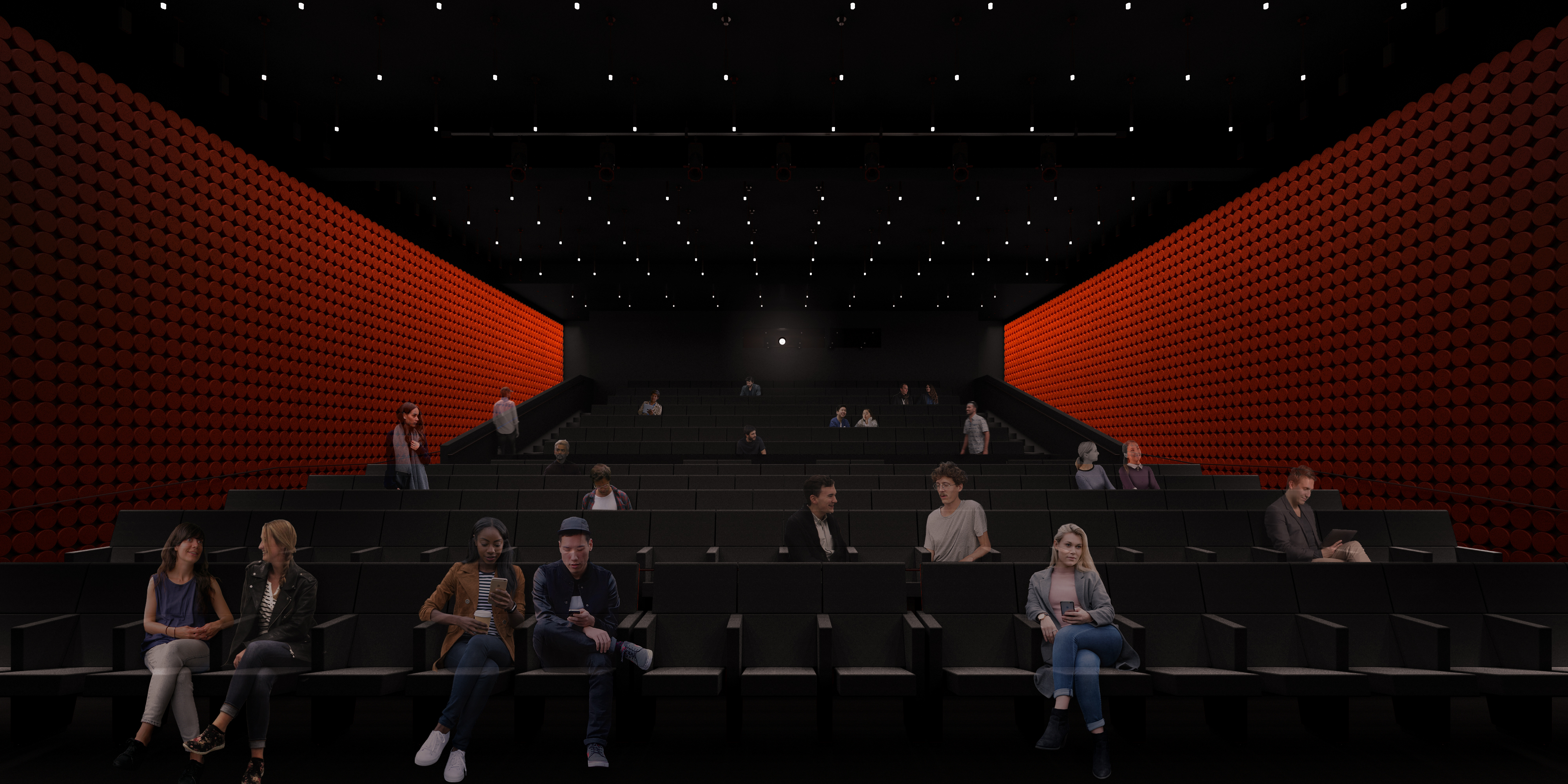Students it in a darkened theater in this rendering of the newly renovated Ahmanson Auditorium. Courtesy of Darin Johnstone Architects.