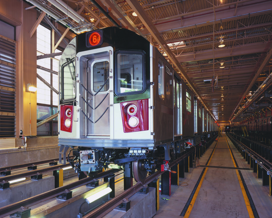 Exterior of an MTA/NYCT R142 inside a subway terminal. The Antenna-designed subway car has been in service in New York City since 2000.