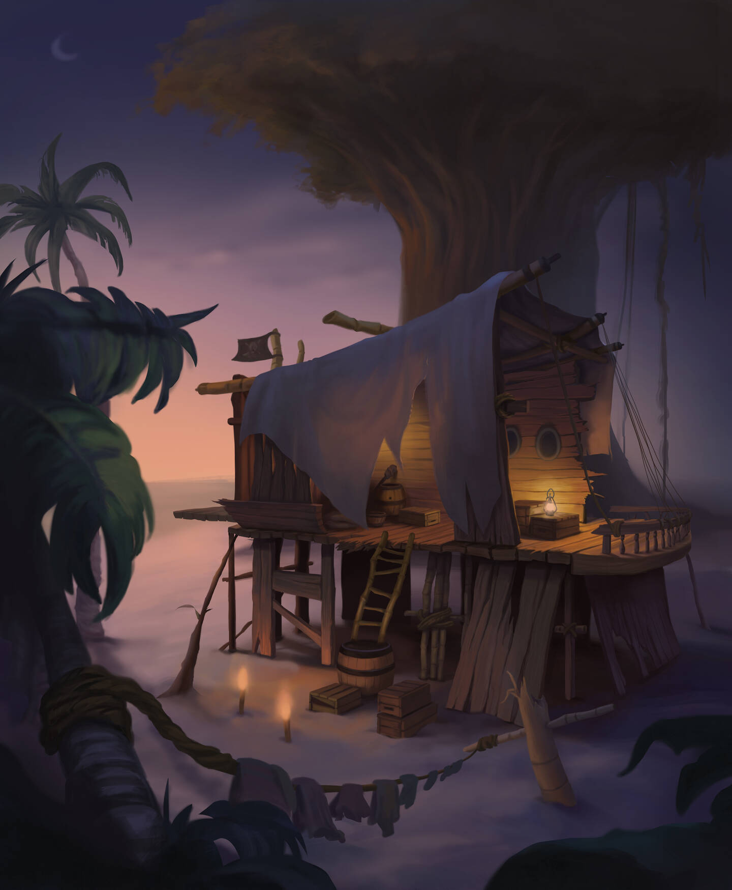 Environment+painting+of+Blackbeard%27s+Hideout%2C+built+on+a+deserted+island.+The+hideout+was+crafted+by+Blackbeard%27s+crew+using+salvaged+ship+parts+from+the+shipwreck.+