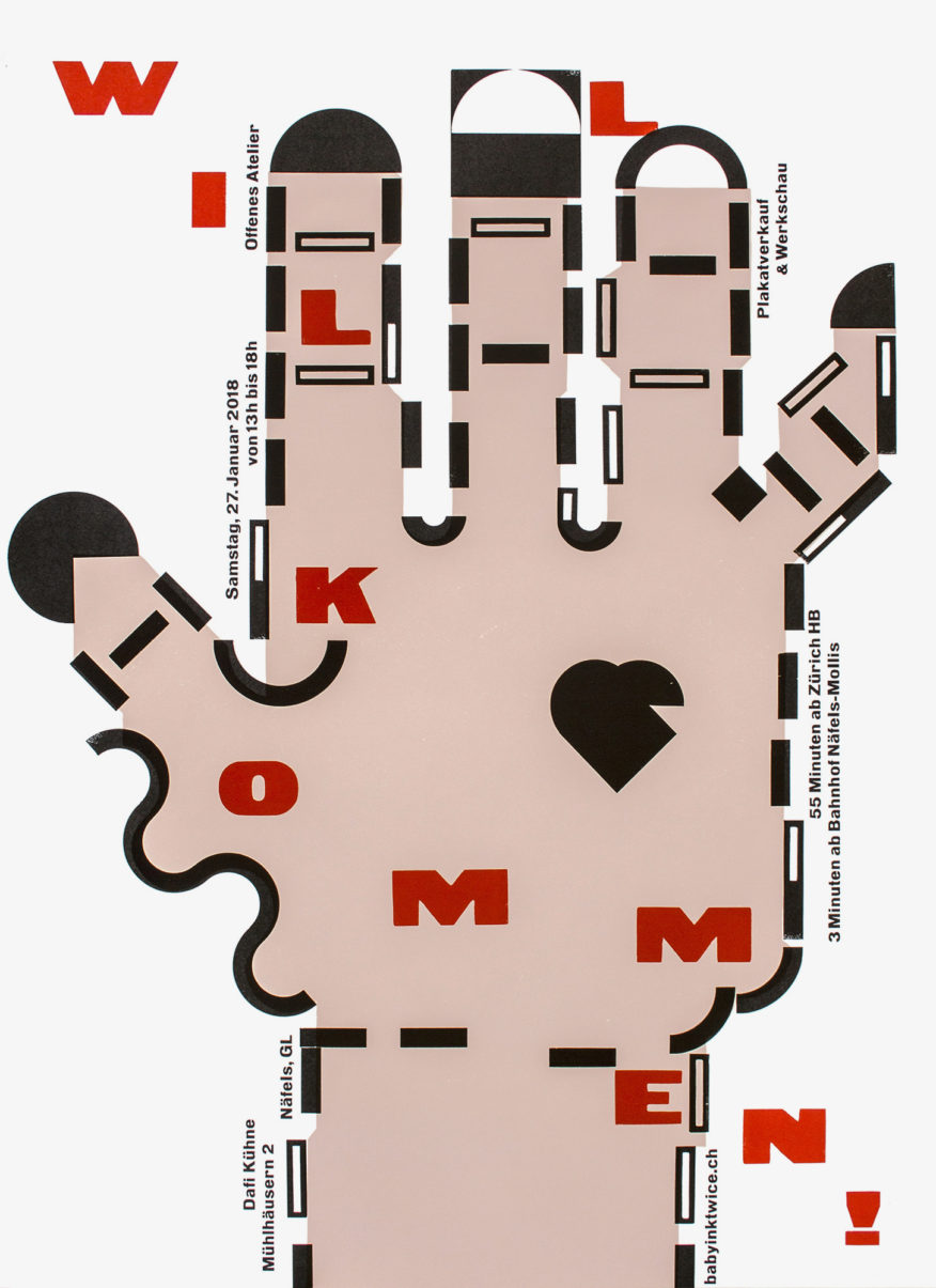 Welcome! is an invitation poster for open days at Dafi Kühne’s studio. It was awarded with the Franzl Design Award in 2018. 