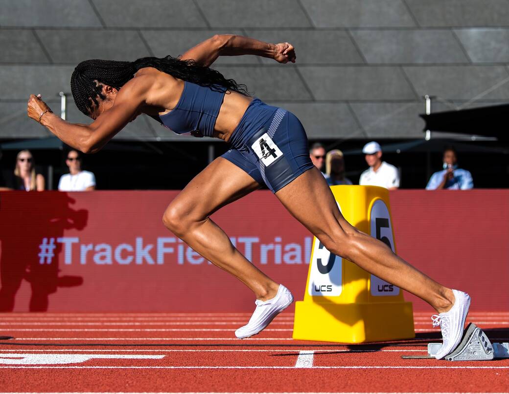 Allyson Felix at the U.S. Track and Field Olympic Trials in 2021 wearing the 0.07 Spike racing shoe from Saysh.