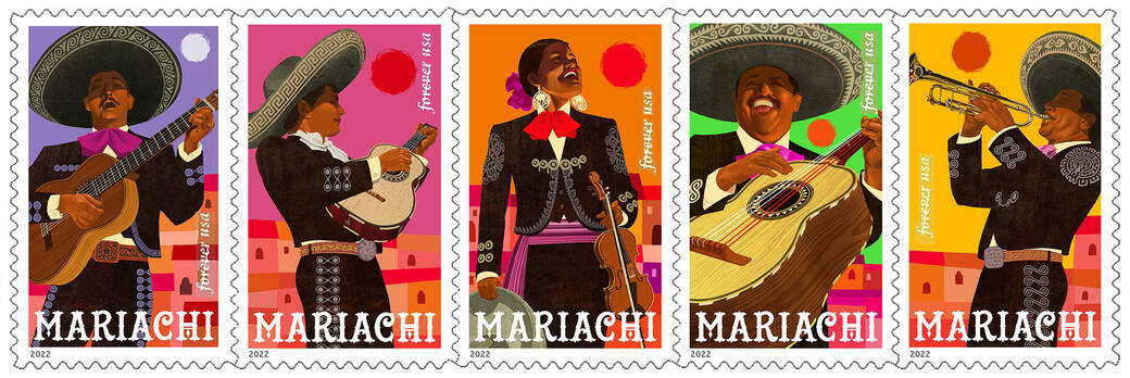 Five 2022 Mariachi stamps created for the United States Postal Service by Rafael López.
Five 2022 Forever stamps, honoring Mexican mariachi music, created by Rafael López for the United States Postal Service.