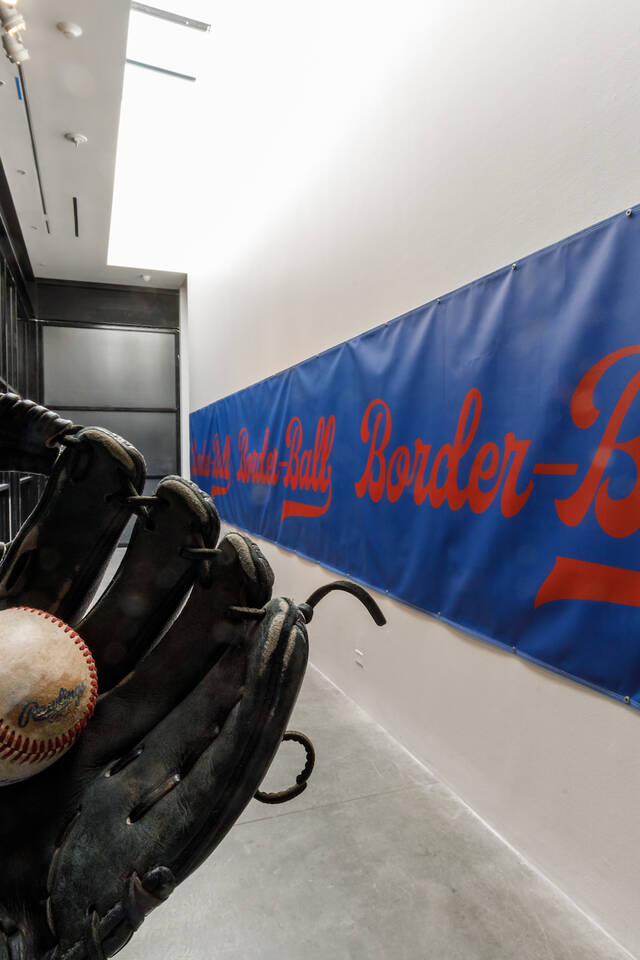 Baseball mitt with ball and Border-Ball exhibition banner