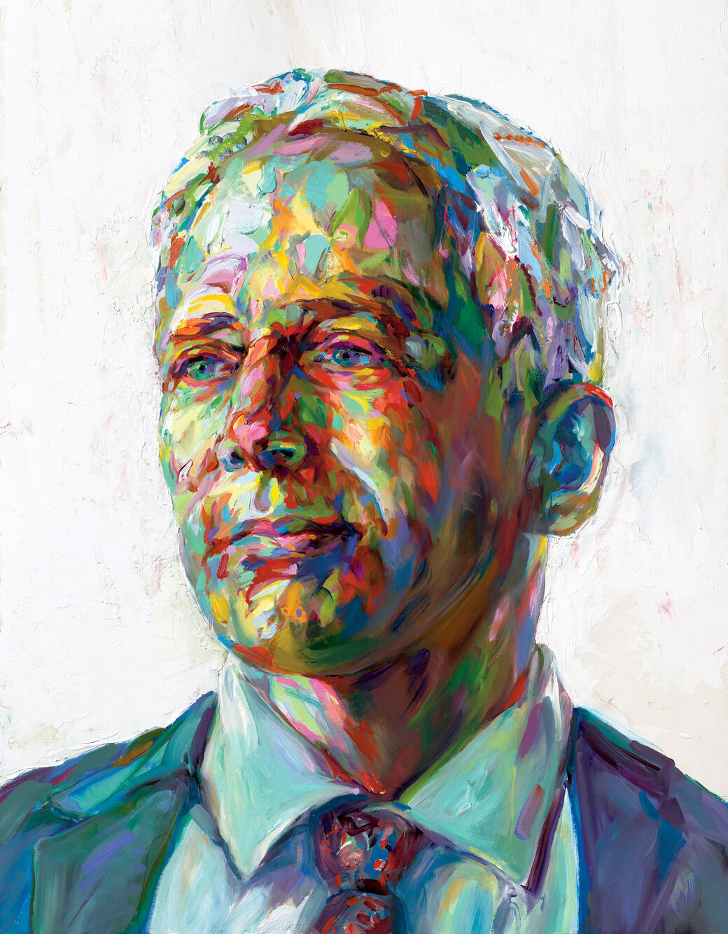 Colorful impasto portrait of a beardless Lorne M. Buchman, current president of ArtCenter College of Design