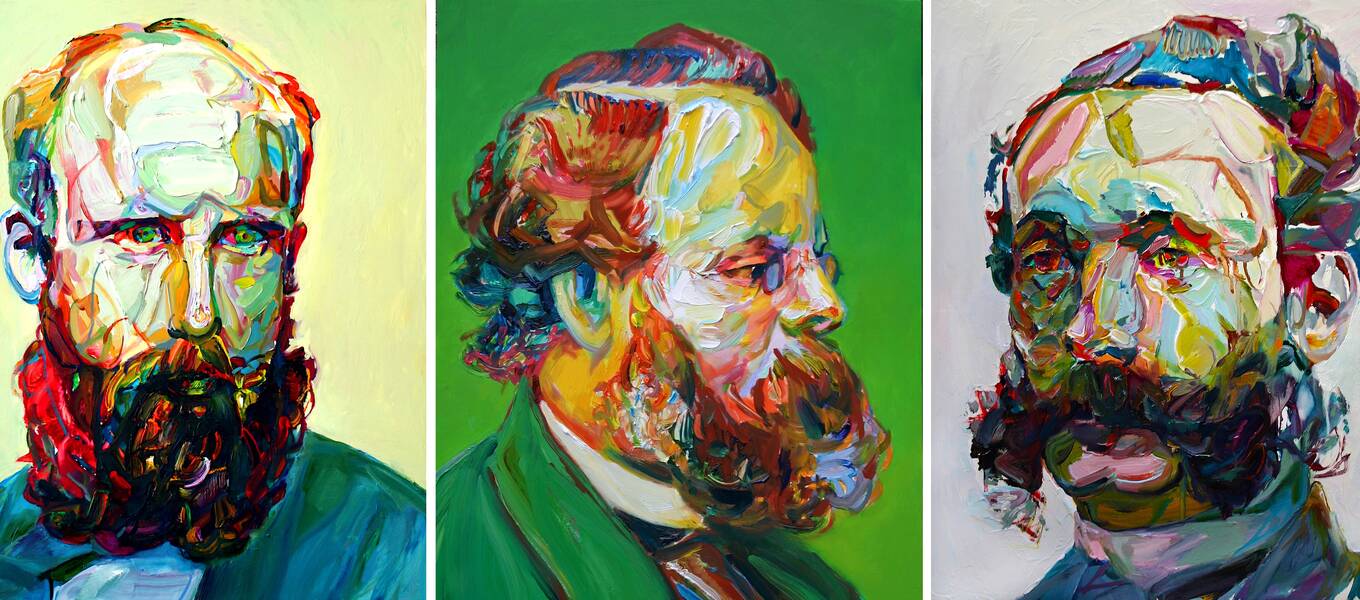 Left to right: Details of paintings Buck (2011), Tuppeny (2014) and Chopsy (2014) by alum and Illustration Department Associate Chair Aaron Smith.