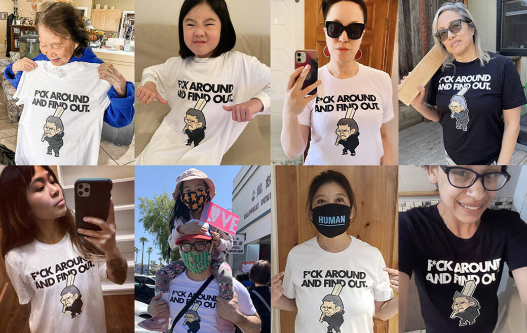 Images of supporters wearing a shirt with an illustration by Jonathan Chang of Xiao Zhen Xie, a 75-year-old grandmother who fought off her attacker in San Francisco in 2021, along with the words 