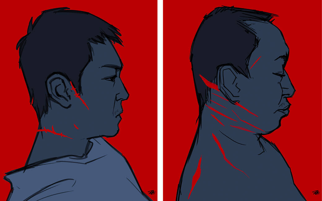 Portrait by Jonathan Chang of (left) Chang Lim, a 34-year-old Korean man slashed with a boxcutter in New York City, and Wiliam Yu (right), who was stabbed while walking in the Chinatown neighborhood of Los Angeles, 2022.