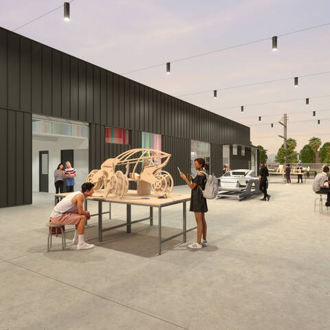 /A rendering of the courtyard view of 908 Shops, a new facility for ArtCenter College of Design students set to open in fall of 2023.