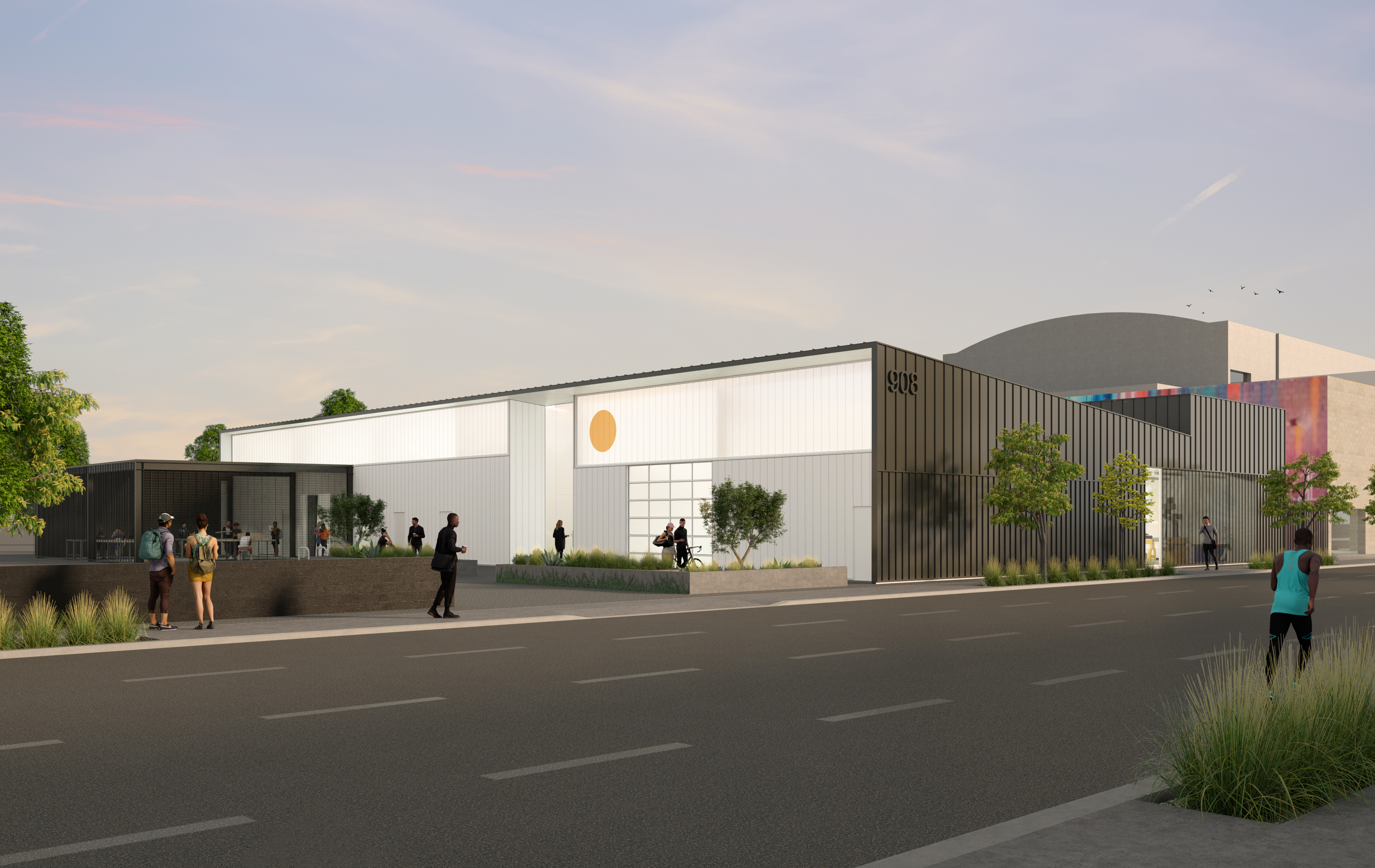 A rendering of the exterior of 908 Shops, as seen from Raymond Avenue on the campus of ArtCenter College of Design.