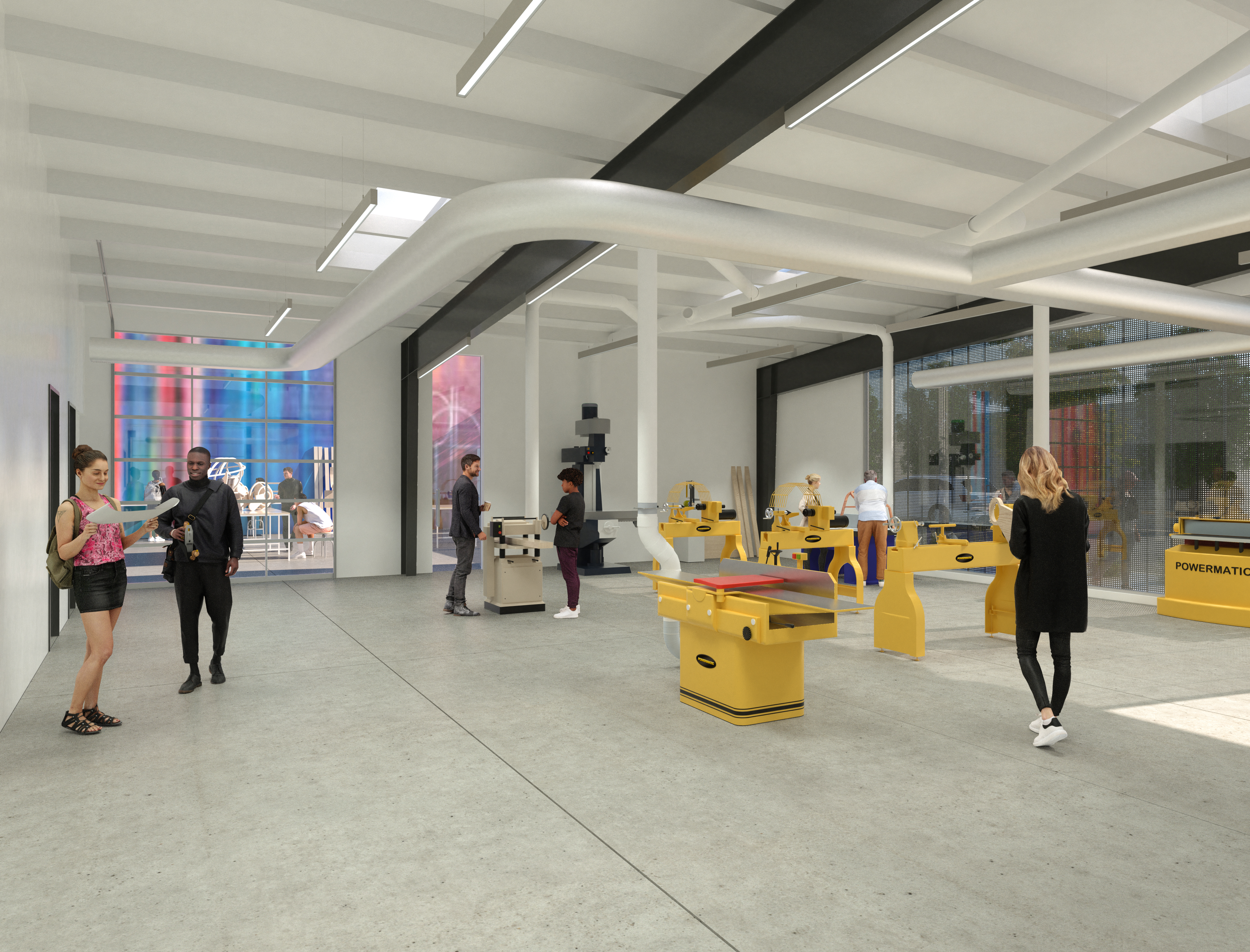 Rendering of 908 Shops, a new facility for students at ArtCenter. Interior view.