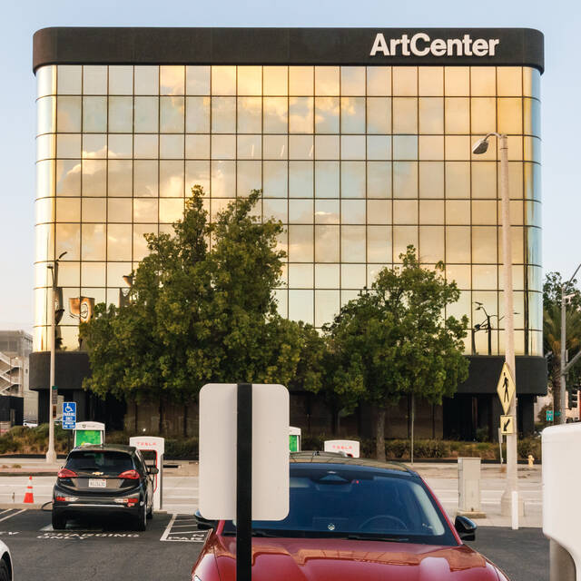 Image of the 1111 building at ArtCenter College of Design as seen from the Arroyo EV Charging Depot