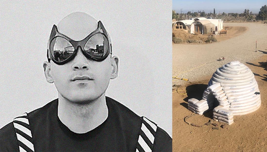 A black and white photo of Jordan Atkins wearing sunglasses next to color phto of an igloo in a desert landscape. The igloo is made of bags of concrete.