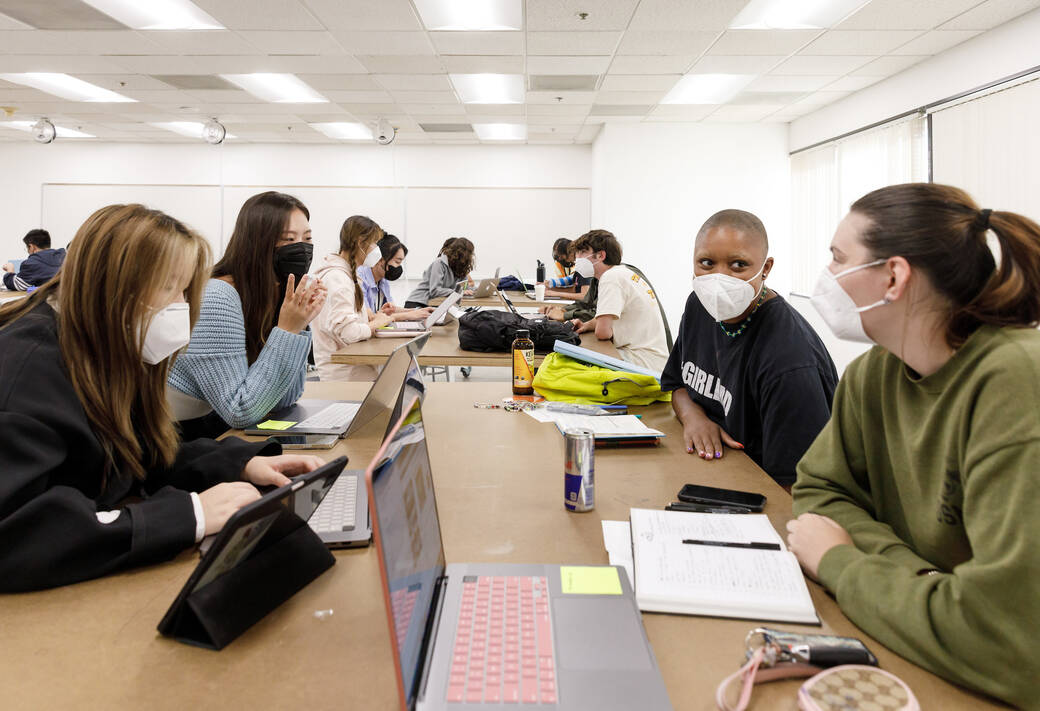 Lillie Jackson-Jones (second, from right) with other First Year Immersion students, in class, Fall 2022. Photo by Juan Posada.