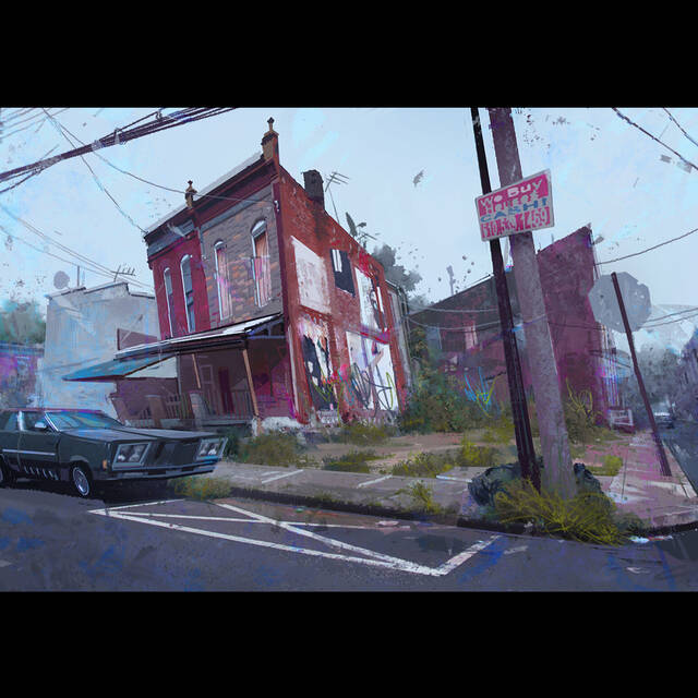 Still frame from an animation featuring a vintage car and red house on a street corner