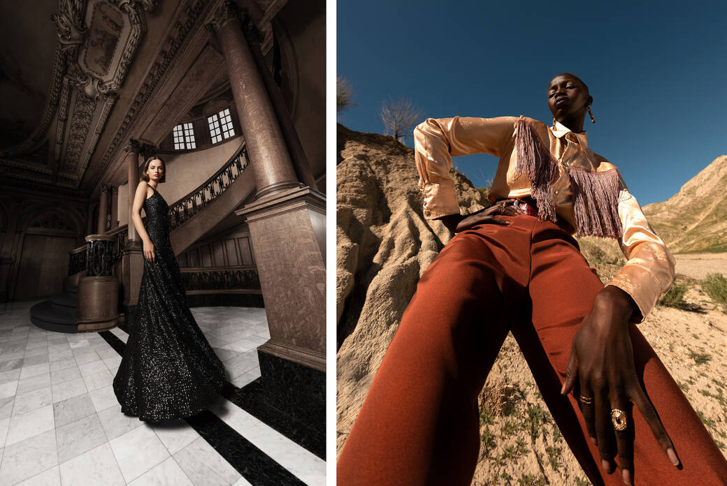 Photo (left) by alum Joyce Charat for a 2023 resort campaign for St. John Knits, and a photo (right) by Charat of model Nyanjam for Contributer magazine, 2022. Photos courtesy of Charat.