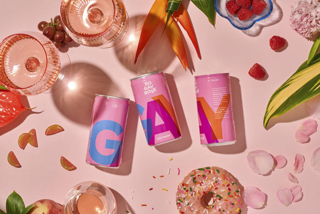 Photo by alum Yuya Parker for a website and print campaign for the queer- and Asian-owned canned wine brand So Gay Rosé, 2021.