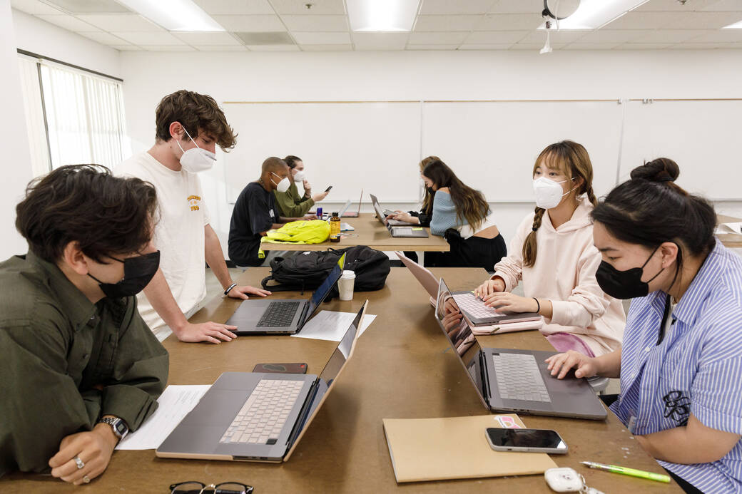 Ryan Miller (second, from left) with other First Year Immersion students, in the course First Year Immersion Studio 1, Fall 2022. Photo by Juan Posada.