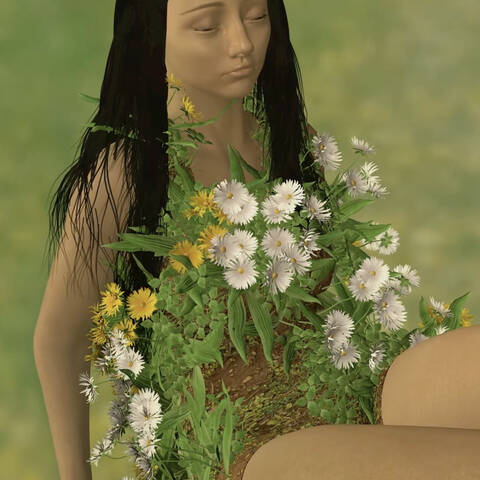 digital illustration of a dark haired female with clothing made of flowers
